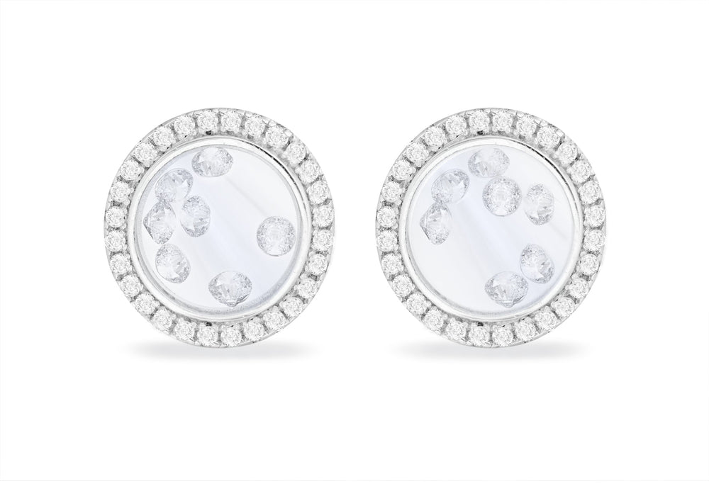 Sterling Silver Rhodium Plated Floating Zirconia  Stones Round Stud Earrings