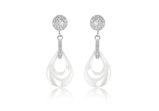 Sterling Silver Rhodium Plated White Ceramic Round Zirconia  Teardrop Earrings