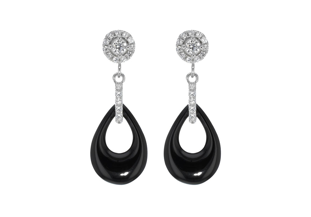 Sterling Silver Rhodium Plated Black Ceramic Round Zirconia Teardrop Earrings