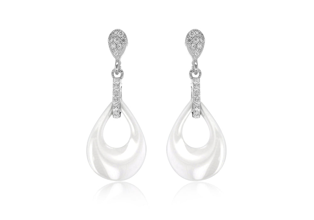 Sterling Silver Rhodium Plated White Ceramic Tear Shaped Zirconia  Teardrop Earrings