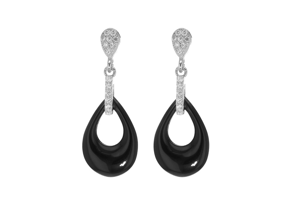 Sterling Silver Rhodium Plated Black Ceramic Zirconia Teardrop Earrings