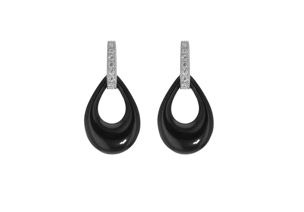 Sterling Silver Rhodium Plated Black Ceramic Zirconia Teardrop Earrings