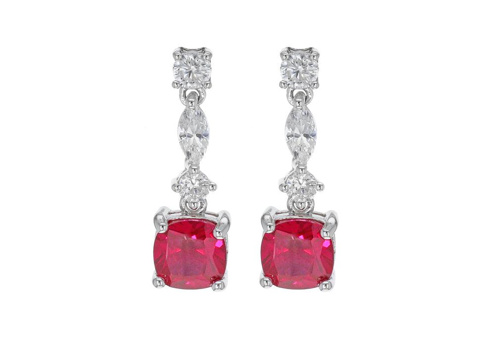 Sterling Silver Rhodium Plated Red and White Zirconia  Stone Set Drop Earrings