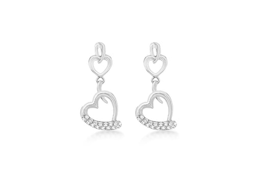 Sterling Silver Rhodium Plated Zirconia  Double-Heart Drop Earrings