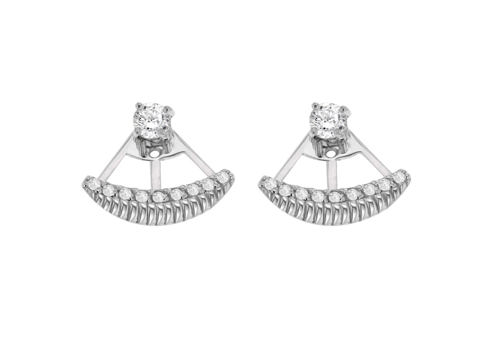 Sterling Silver Rhodium Plated Zirconia  Set Ribbed Jack Earrings