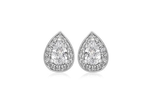 Sterling Silver Rhodium Plated White Zirconia  7.5mm x 10.5mm Teardrop Stud Earrings