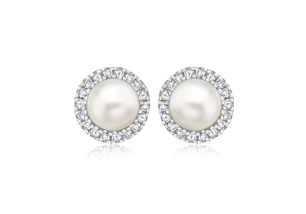 Sterling Silver Rhodium Plated Zirconia & Fresh Water Pearl Stud Earrings