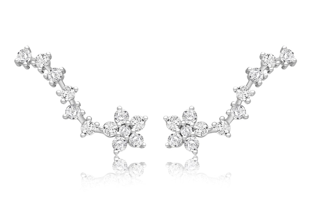 Sterling Silver Rhodium Plated Zirconia Flower Comet Crawler Earrings