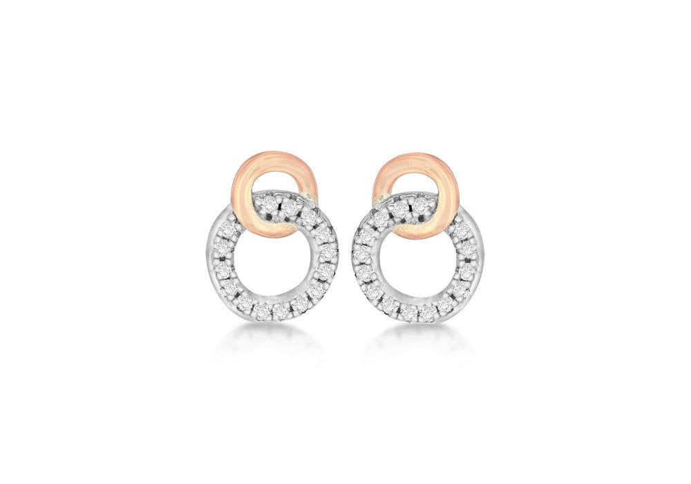 Sterling Silver 2-Tone Zirconia  Set Double-Ring Stud Earrings