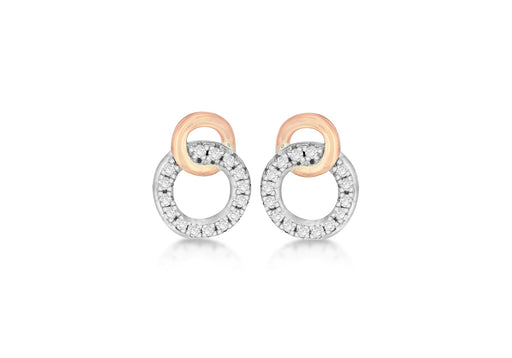 Sterling Silver 2-Tone Zirconia  Set Double-Ring Stud Earrings