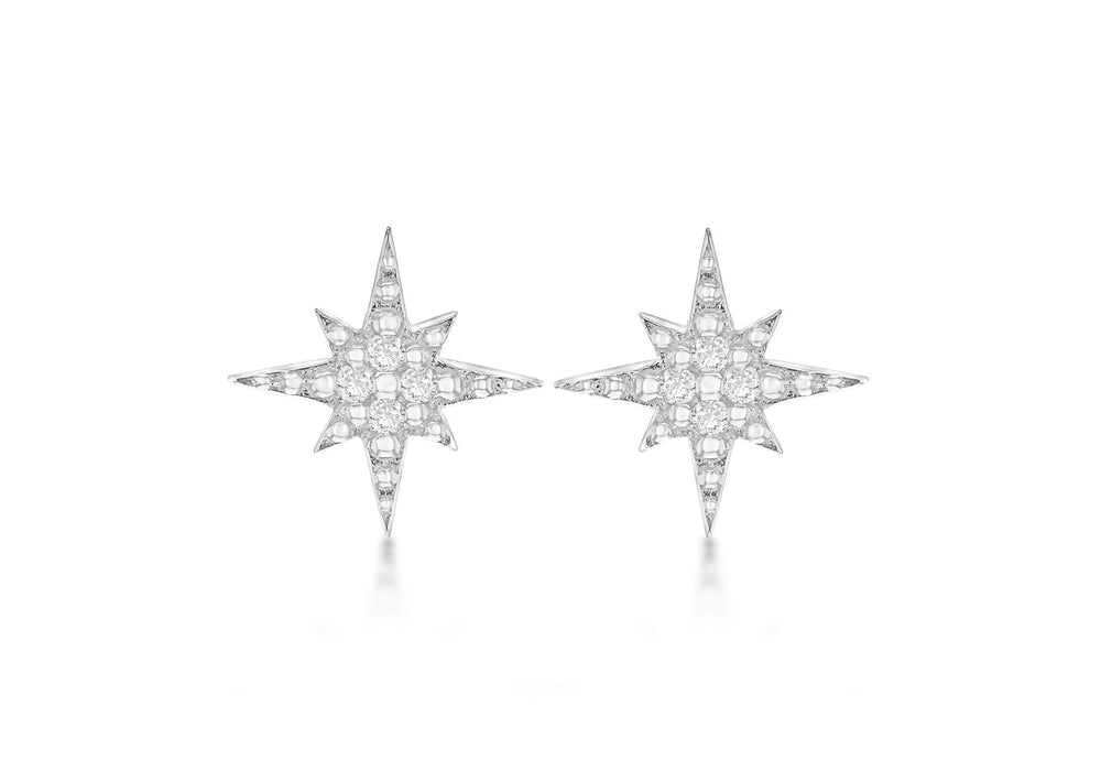 Sterling Silver Rhodium Plated Zirconia  Set ompass Star Stud Earrings