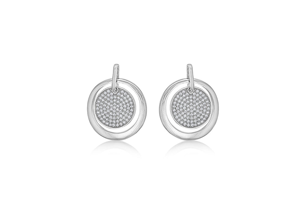 Sterling Silver Rhodium Plated Zirconia  Stone Set Disc Circle Drop Earrings