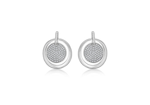 Sterling Silver Rhodium Plated Zirconia  Stone Set Disc Circle Drop Earrings