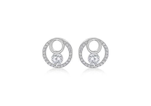 Sterling Silver Rhodium Plated Zirconia  Stone Set Double-Circle Earrings