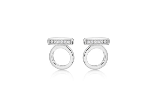 Sterling Silver Rhodium Plated White Zirconia  Set Circle & Bar Stud Earrings