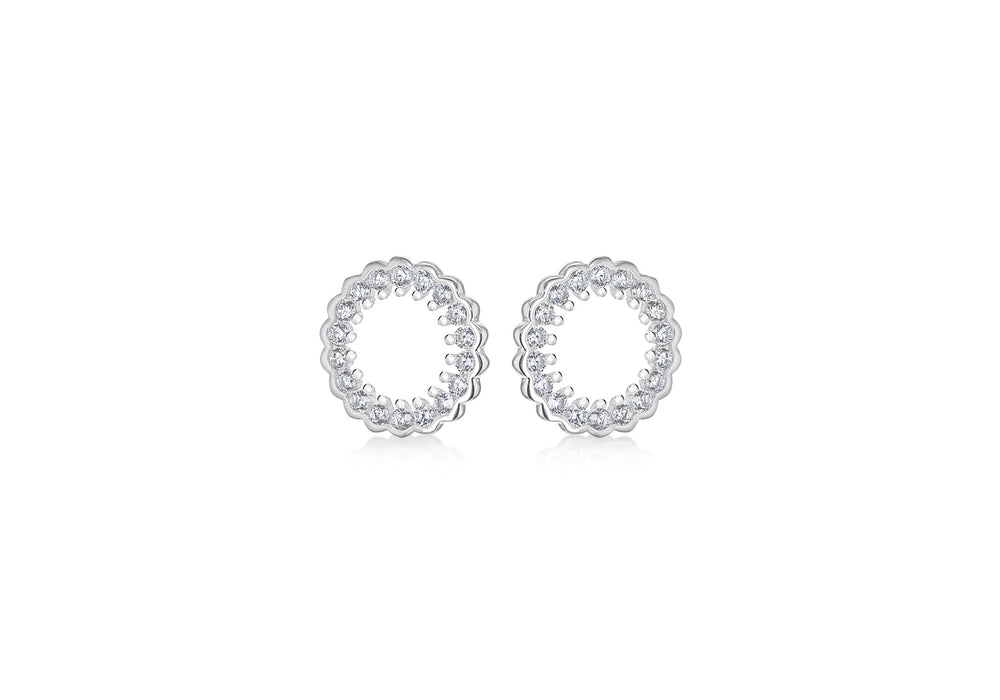 Sterling Silver Rhodium Plated Zirconia  Claw and Rubover 11mm Circle Stud Earrings