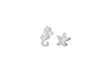 Sterling Silver Zirconia  8.2mm x 7.9mm Starfish and 5.6mm x 10.2mm Seahorse Asymmetric Stud Earrings
