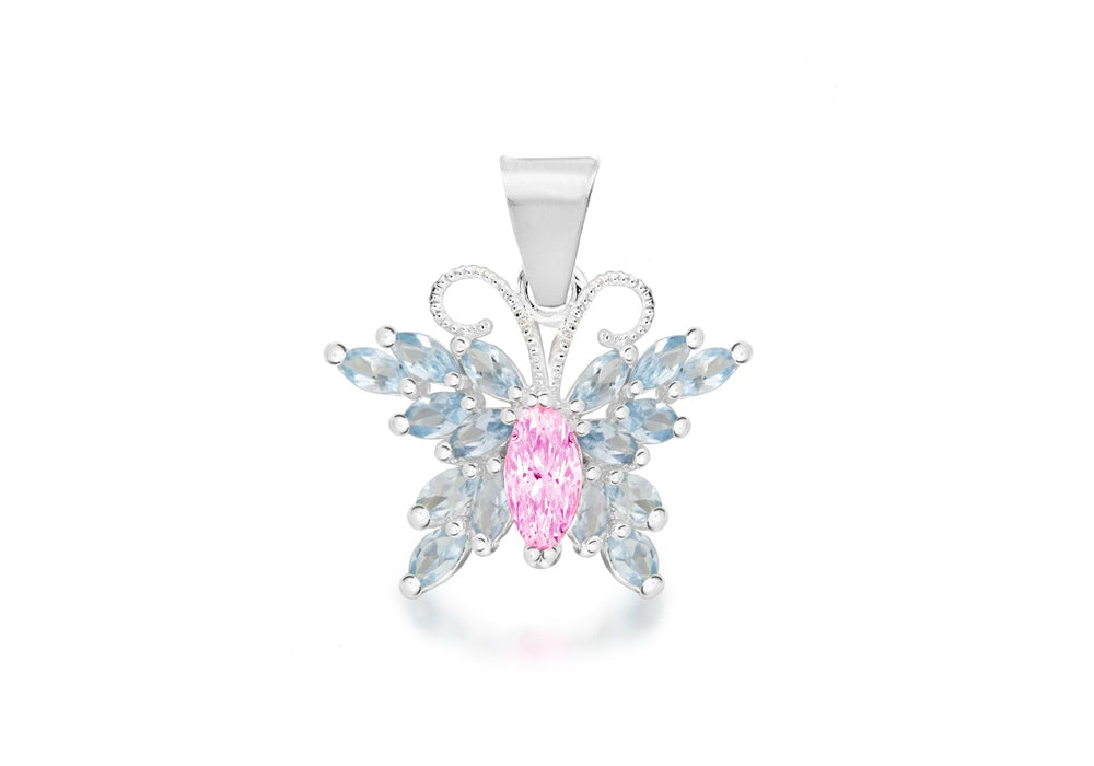 Sterling Silver Pink and Blue Zirconia  Stone Set BCutterfly Pendant