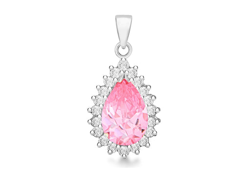 Sterling Silver Pink & White Zirconia  Stone Set Cluster Teardrop Pendant