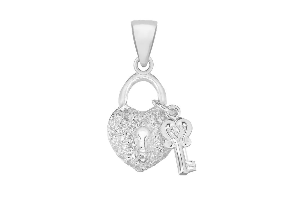 Sterling Silver Zirconia  Padlok & Key Pendant