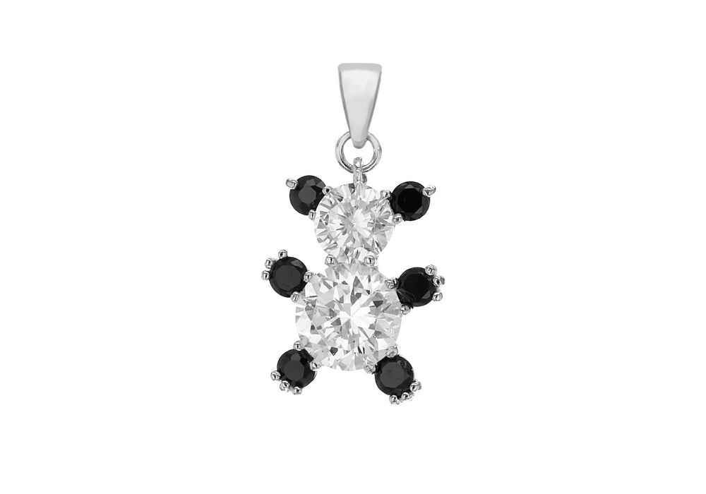 Sterling Silver Black and White Zirconia  13.9mm x 25.8mm Teddy Bear Pendant