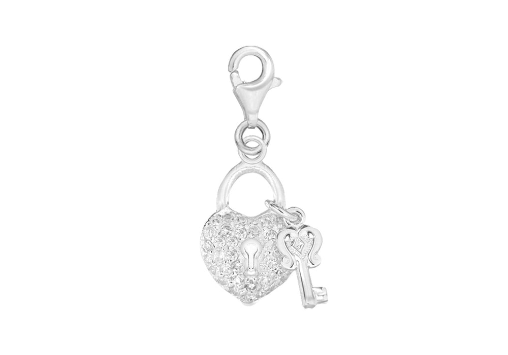 Sterling Silver Zirconia Heart Padlock & Key Lobster-Clasp Charm