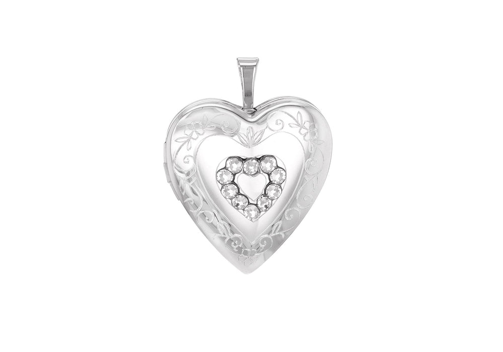 Sterling Silver Zirconia  20mm x 25mm Etched -Detail Heart Locket Pendant