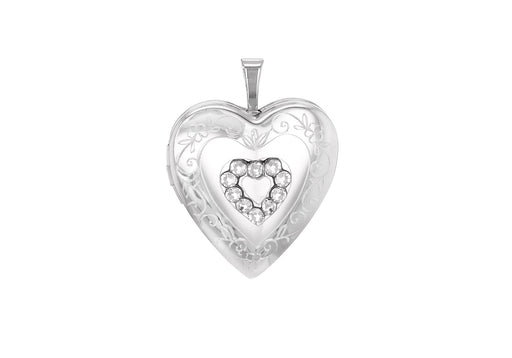 Sterling Silver Zirconia  20mm x 25mm Etched -Detail Heart Locket Pendant