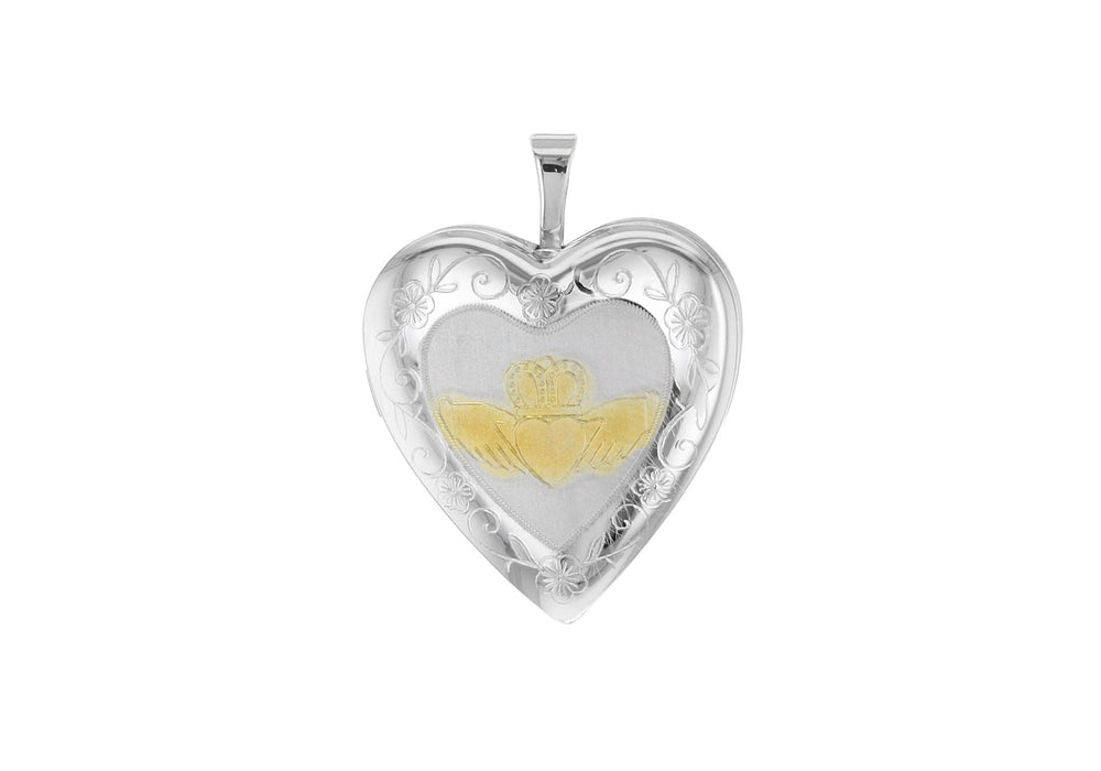 Sterling Silver Etched-Claddagh-Detail Heart Locket Pendant