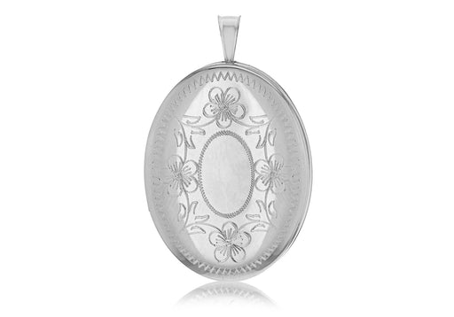 Sterling Silver Rhodium Plated 20mm Oval Flower Locket Pendant