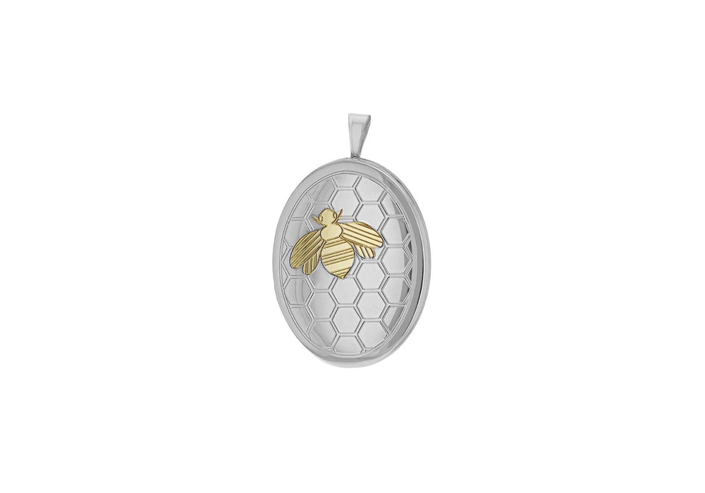 Sterling Silver 2-Tone 20.5mm x 31.8mm Polished and Satin Honeyomb and Bee Oval Locket