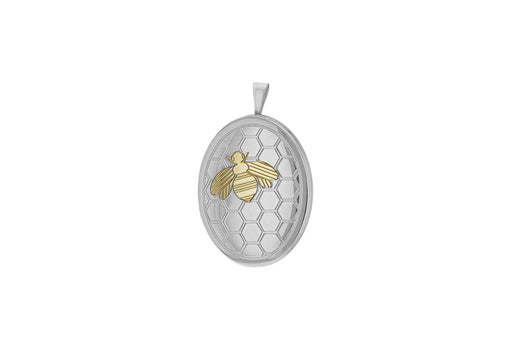 Sterling Silver 2-Tone 20.5mm x 31.8mm Polished and Satin Honeyomb and Bee Oval Locket