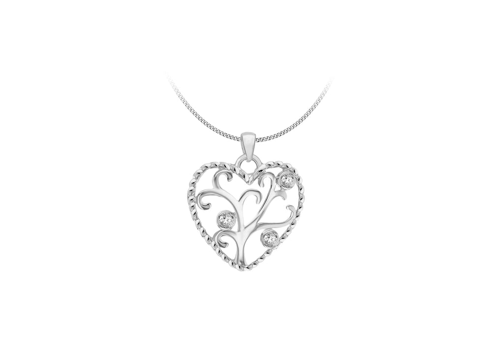 Sterling Silver Zirconia  24.3mm x 28.6mm Heart 'Tree of Life' Pendant