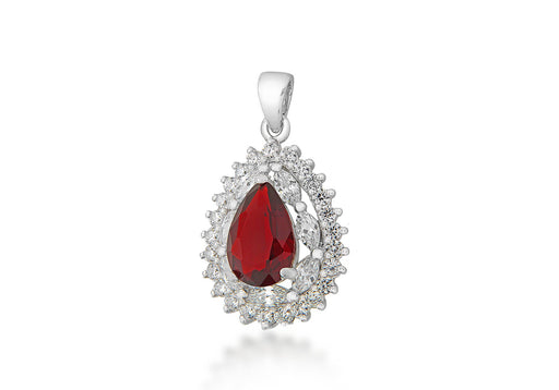 Sterling Silver Red & White Zirconia  Stone Set Cluster Teardrop Pendant