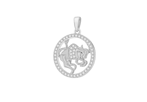 Sterling Silver Rhodium Plated Zirconia  19.3mm x 26.5mm Taurus Horoscop Round Pendant