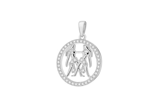 Sterling Silver Rhodium Plated Zirconia  19.3mm x 26.5mm Gemini Horoscop Round Pendant