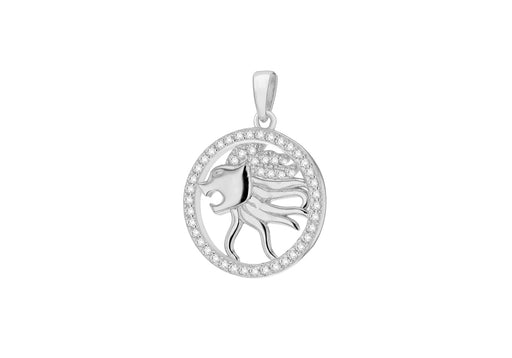 Sterling Silver Rhodium Plated Zirconia  19.3mm x 26.5mm Leo Horoscop Round Pendant