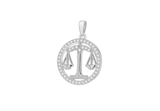 Sterling Silver Rhodium Plated Zirconia  19.3mm x 26.5mm Libra Horoscop Round Pendant