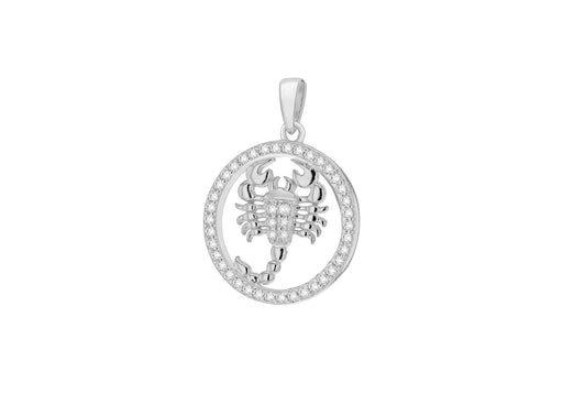 Sterling Silver Rhodium Plated Zirconia  19.3mm x 26.5mm Sorpio Horoscop Round Pendant