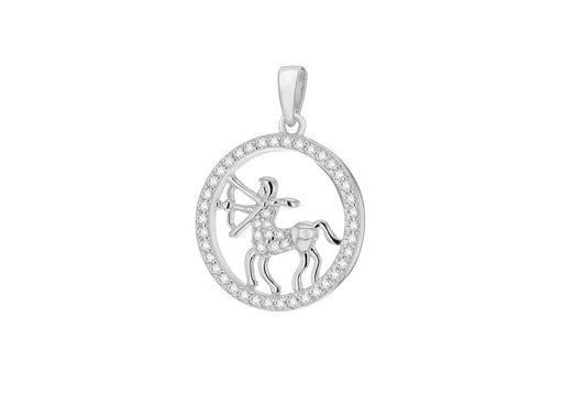 Sterling Silver Rhodium Plated Zirconia Sagittarius Horoscope Round Pendant