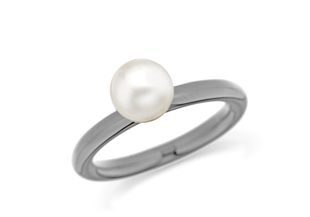 Sterling Silver Black Rhodium Plated White Simulated Pearl Stacking Ring