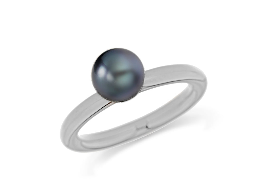 Sterling Silver Rhodium Plated Grey Simulated Pearl Stacking Ring