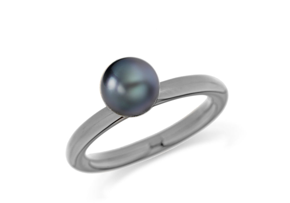 Sterling Silver Black Rhodium Plated Grey Simulated Pearl Stacking Ring