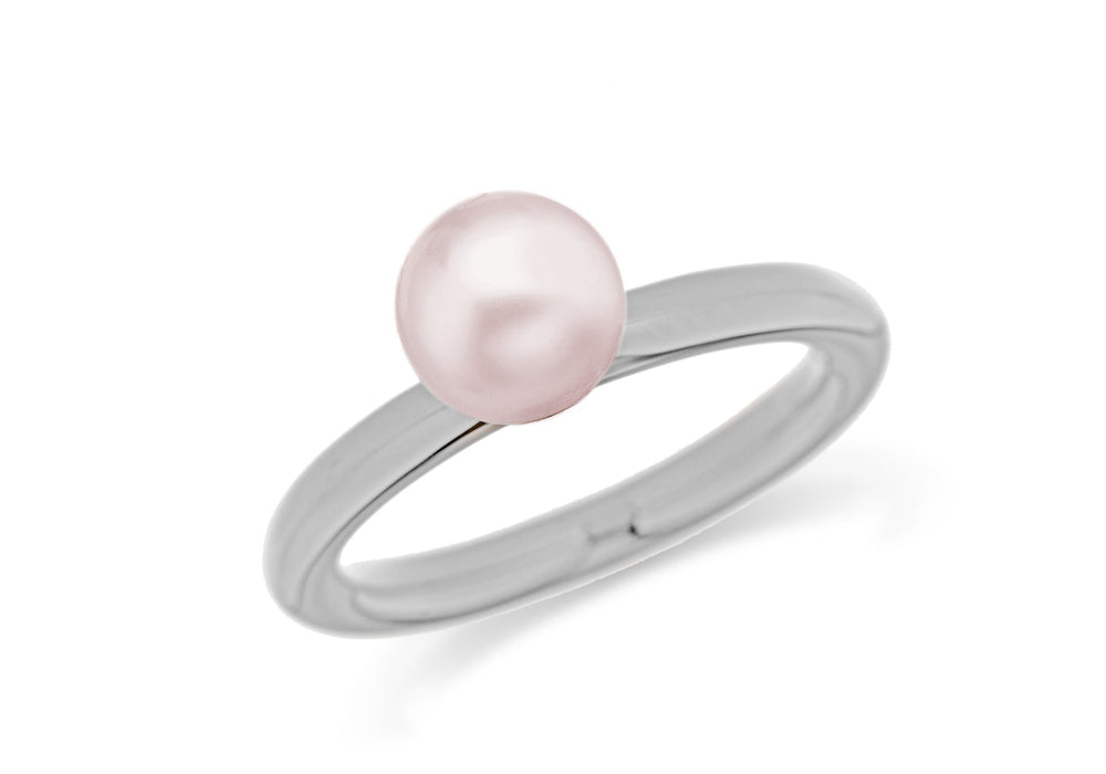 Sterling Silver Rhodium Plated Pink Simulated Pearl Stacking Ring