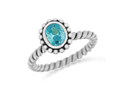 Sterling Silver Rhodium Plated Oval Blue Zirconia  Stacking Ring