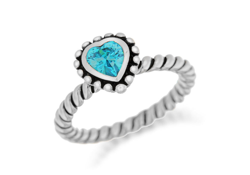 Sterling Silver Rhodium Plated Blue Zirconia  Heart Stacking Ring