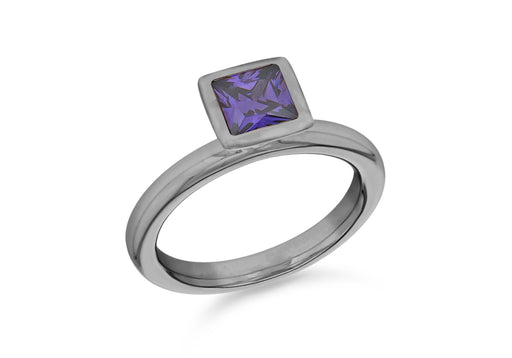 Sterling Silver Black Rhodium Plated Square Purple Zirconia  Stacking Ring