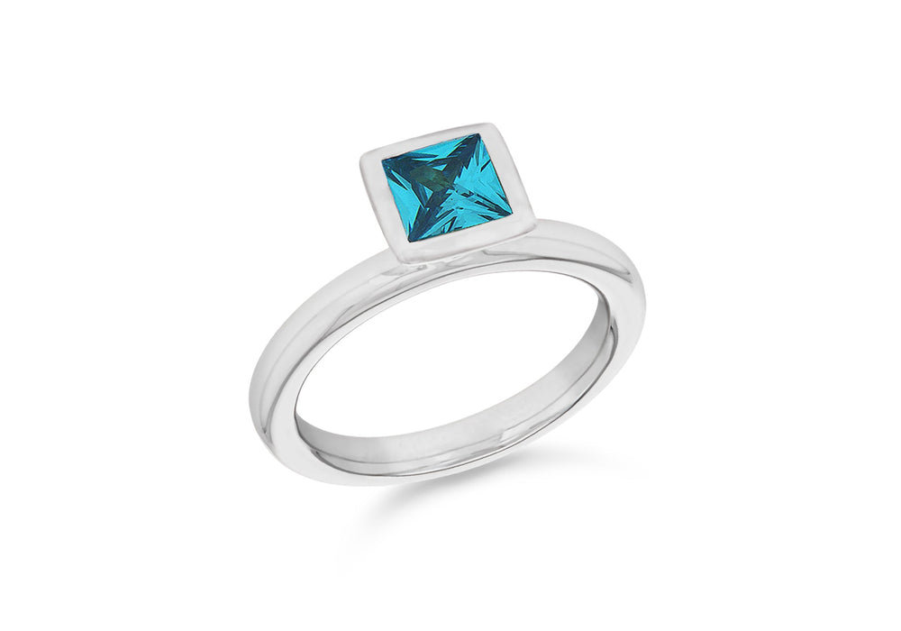 Sterling Silver Rhodium Plated Square Blue Zirconia  Stacking Ring