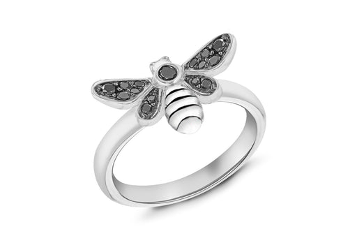 Sterling Silver Rhodium Plated Oxidised  Black Zirconia  Bee Stacking Ring
