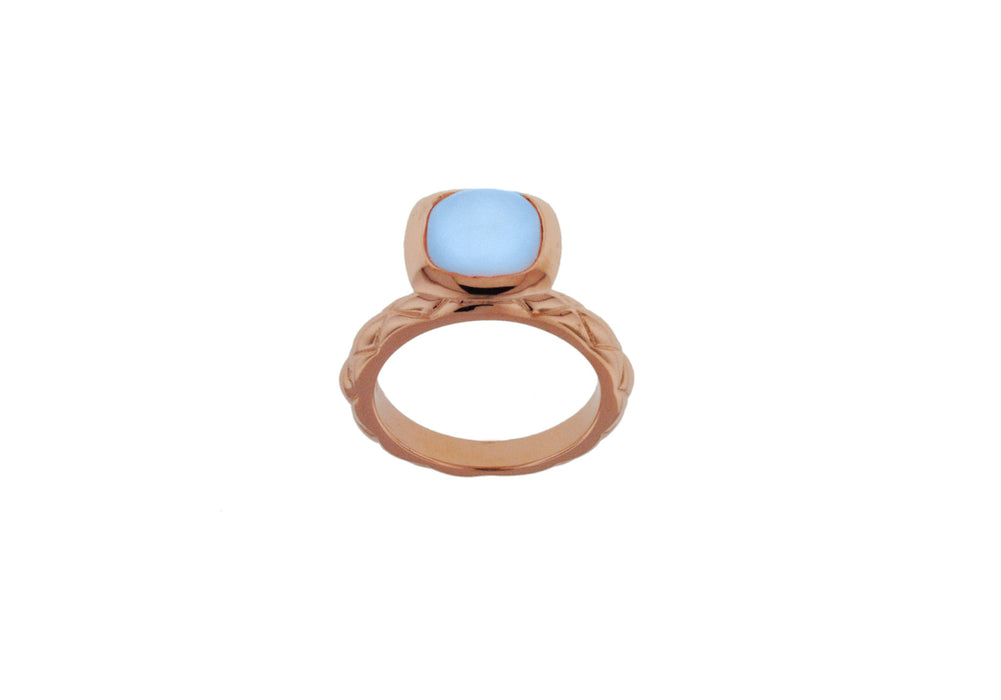 Sterling Silver Rose Gold Plated Square Blue Opaque Crystal  Patterned Stacking Ring